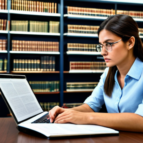 A diligent professional woman in a modest business casual outfit, intensely focused on a large legal textbook open on a well-organized desk. She is surrounded by neatly stacked law books and a modern laptop displaying complex legal information in a quiet, warmly lit study room. Her expression conveys deep concentration and determination. perfect anatomy, correct proportions, natural pose, well-formed hands, proper finger count, natural body proportions, professional photography, high quality, realistic, detailed, safe for work, appropriate content, fully clothed, professional dress.