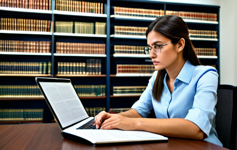A diligent professional woman in a modest business casual outfit, intensely focused on a large legal textbook open on a well-organized desk. She is surrounded by neatly stacked law books and a modern laptop displaying complex legal information in a quiet, warmly lit study room. Her expression conveys deep concentration and determination. perfect anatomy, correct proportions, natural pose, well-formed hands, proper finger count, natural body proportions, professional photography, high quality, realistic, detailed, safe for work, appropriate content, fully clothed, professional dress.