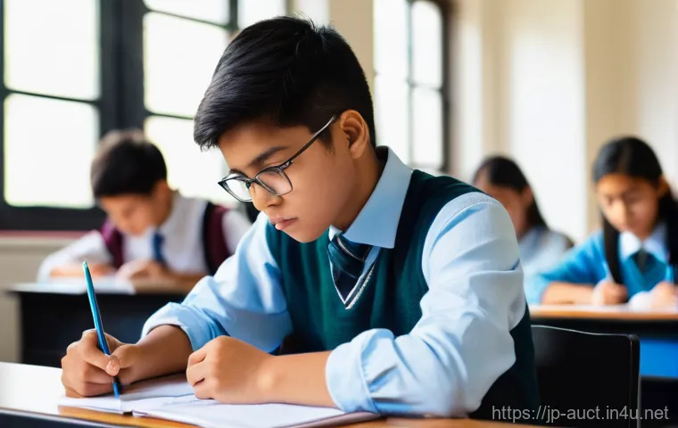 경매사 자격증 시험장에서 유의할 점 - **Prompt:** A diligent young adult student, approximately 20-25 years old, is calmly preparing for a...