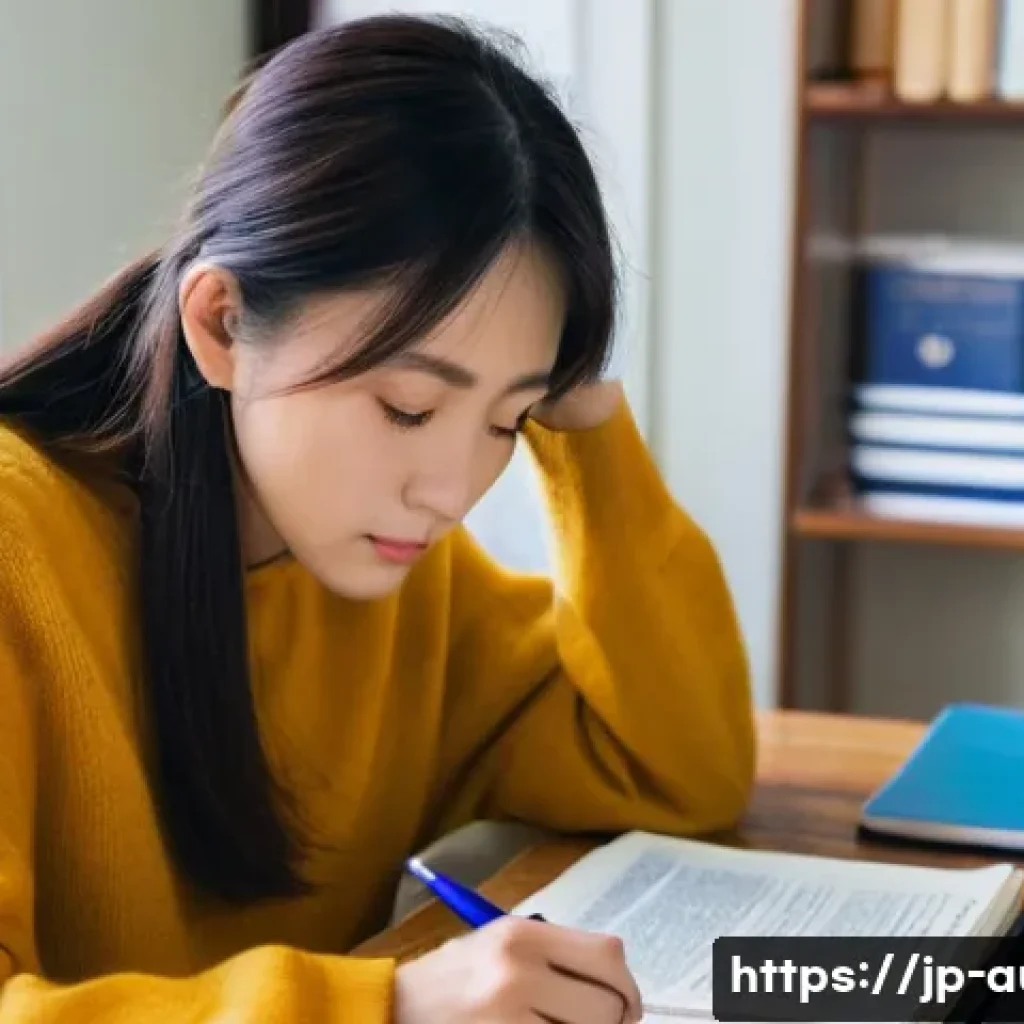 경매사 시험 준비 중 겪을 수 있는 문제점 해결 - **Prompt:** A focused young Japanese woman in her late 20s, with neat, shoulder-length dark hair, is...