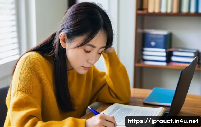 경매사 시험 준비 중 겪을 수 있는 문제점 해결 - **Prompt:** A focused young Japanese woman in her late 20s, with neat, shoulder-length dark hair, is...