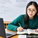 경매사 시험에서 자주 나오는 문제 유형 - A focused young Japanese woman, in her late 20s, intensely studying for a legal examination. She is ...