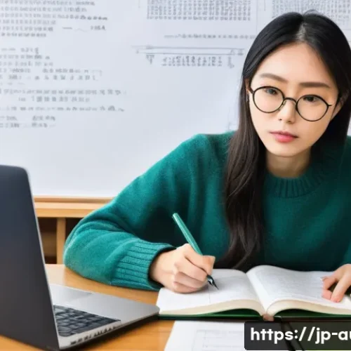 경매사 시험에서 자주 나오는 문제 유형 - A focused young Japanese woman, in her late 20s, intensely studying for a legal examination. She is ...