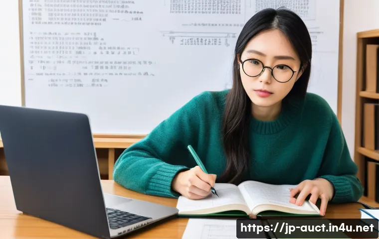 경매사 시험에서 자주 나오는 문제 유형 - A focused young Japanese woman, in her late 20s, intensely studying for a legal examination. She is ...