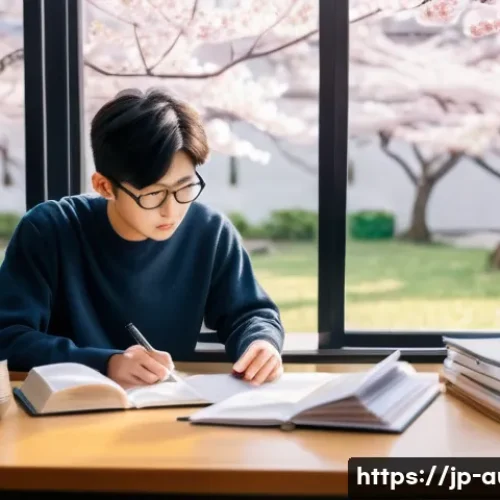 경매사 시험 중 주의해야 할 함정과 실수 - A focused Japanese student in a modern study room, surrounded by textbooks and notes, carefully read...