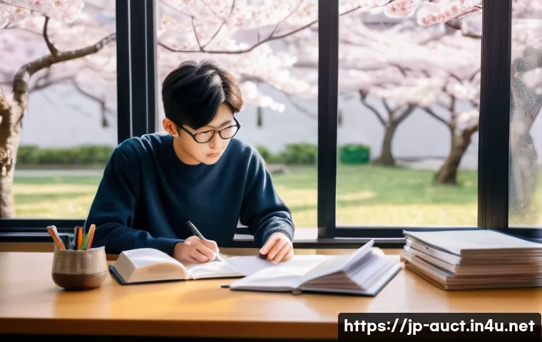 경매사 시험 중 주의해야 할 함정과 실수 - A focused Japanese student in a modern study room, surrounded by textbooks and notes, carefully read...