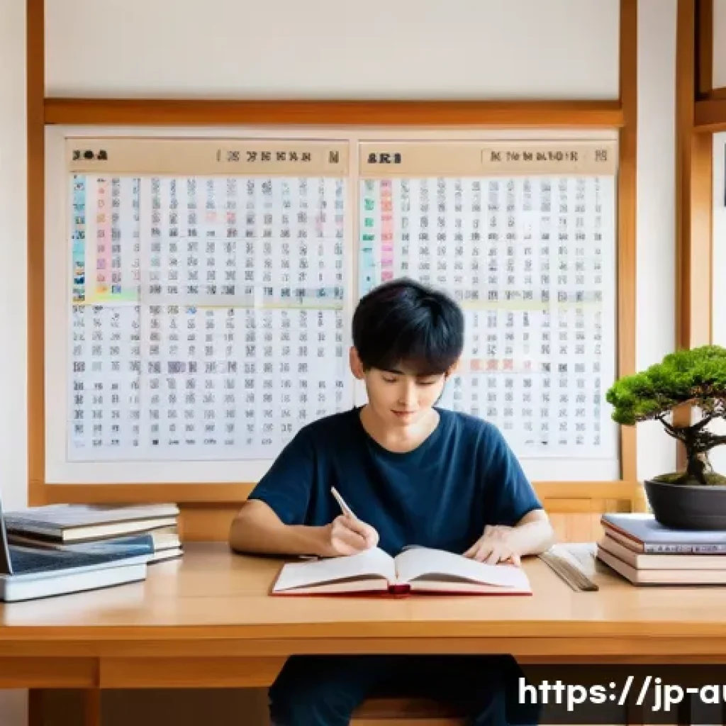 경매사 시험 대비를 위한 최신 자료 - A modern Japanese study room with a young adult student seated at a clean wooden desk, surrounded by...