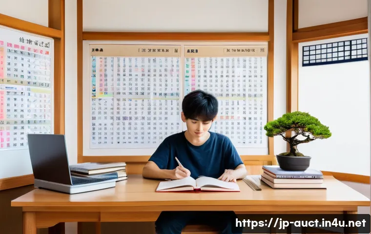 경매사 시험 대비를 위한 최신 자료 - A modern Japanese study room with a young adult student seated at a clean wooden desk, surrounded by...