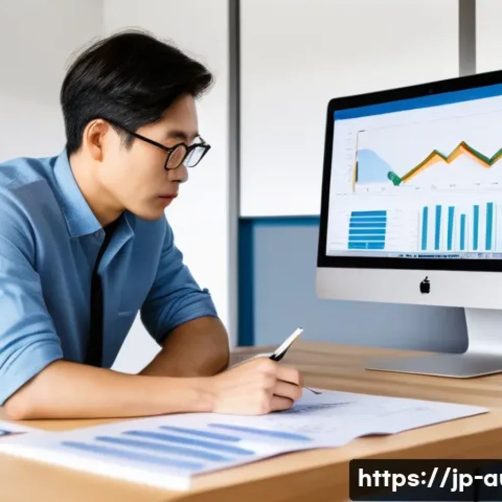 경매사로서 성공하는 10가지 방법 - A modern Japanese real estate investor attentively analyzing multiple economic charts and regional d...