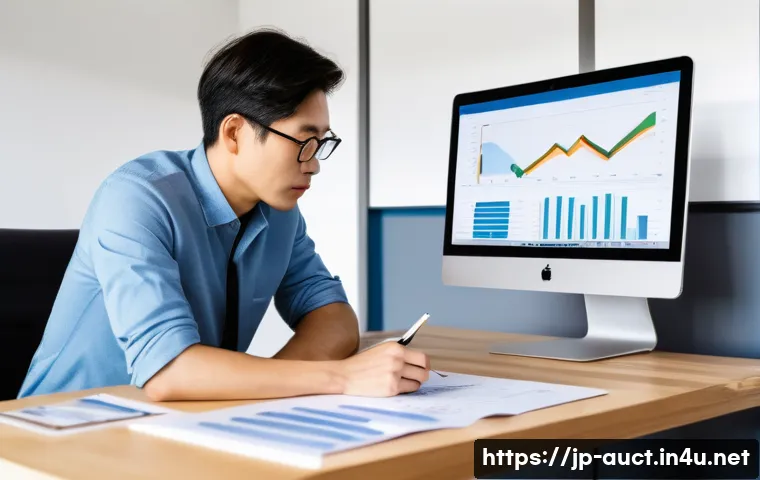 경매사로서 성공하는 10가지 방법 - A modern Japanese real estate investor attentively analyzing multiple economic charts and regional d...