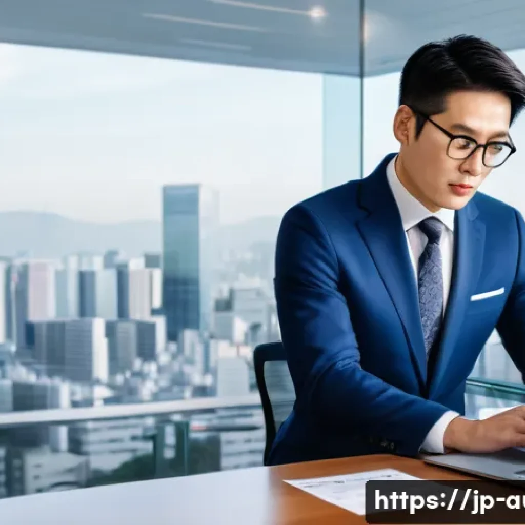 경매사 자격증 취득 후 진로 옵션 - A professional auctioneer in a modern Japanese real estate office, wearing business attire with a ne...