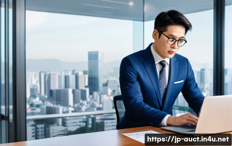 경매사 자격증 취득 후 진로 옵션 - A professional auctioneer in a modern Japanese real estate office, wearing business attire with a ne...