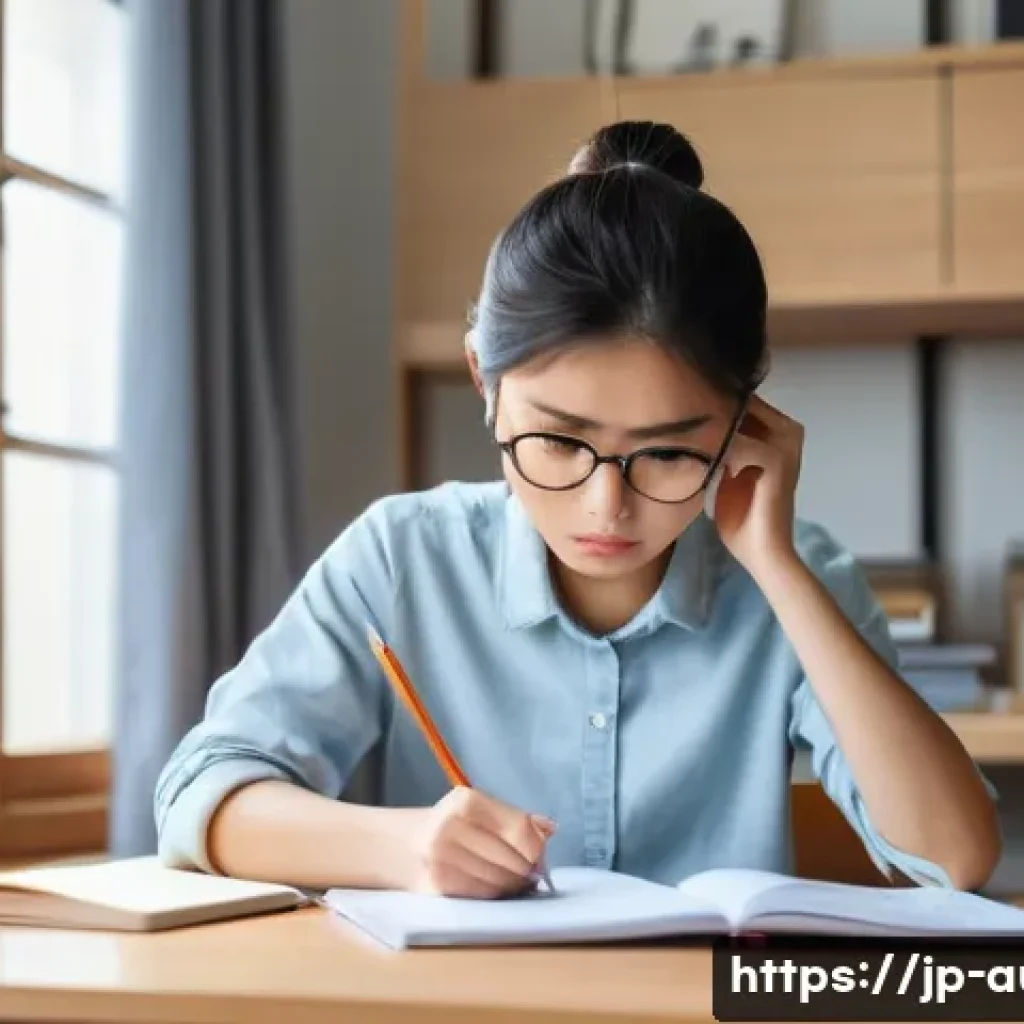 경매사 실기 시험 모의 문제 - A focused young Japanese student sitting at a neat wooden desk in a quiet, modern room, deeply engag...