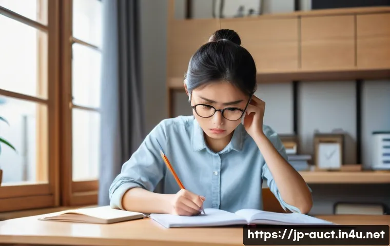 경매사 실기 시험 모의 문제 - A focused young Japanese student sitting at a neat wooden desk in a quiet, modern room, deeply engag...