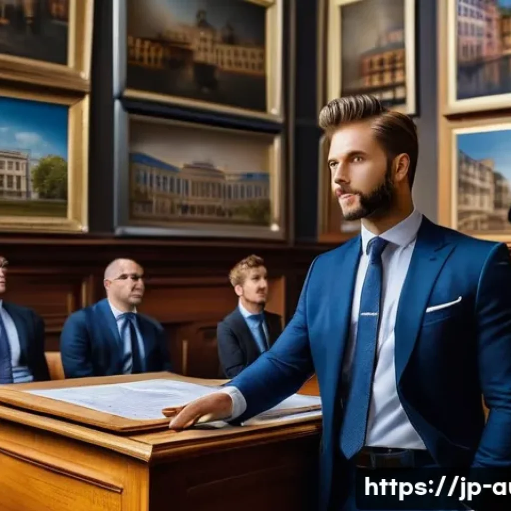 경매사 자격증으로 진출 가능한 해외 시장 - A professional auctioneer in a modern European urban setting, dressed in formal business attire with...