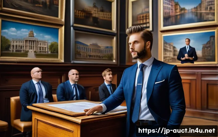 경매사 자격증으로 진출 가능한 해외 시장 - A professional auctioneer in a modern European urban setting, dressed in formal business attire with...