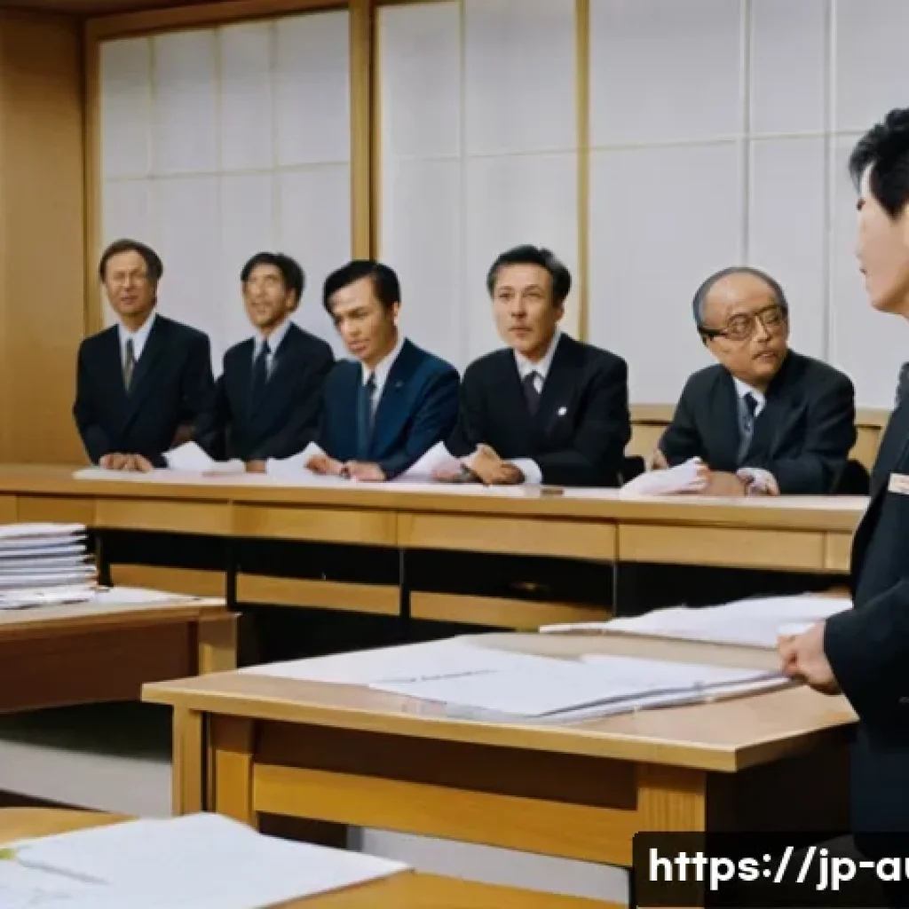 경매사 자격증 관련 법률 지식 - A candid, cinematic interior scene of a Japanese auction room during a creditor meeting — mid-sized ...