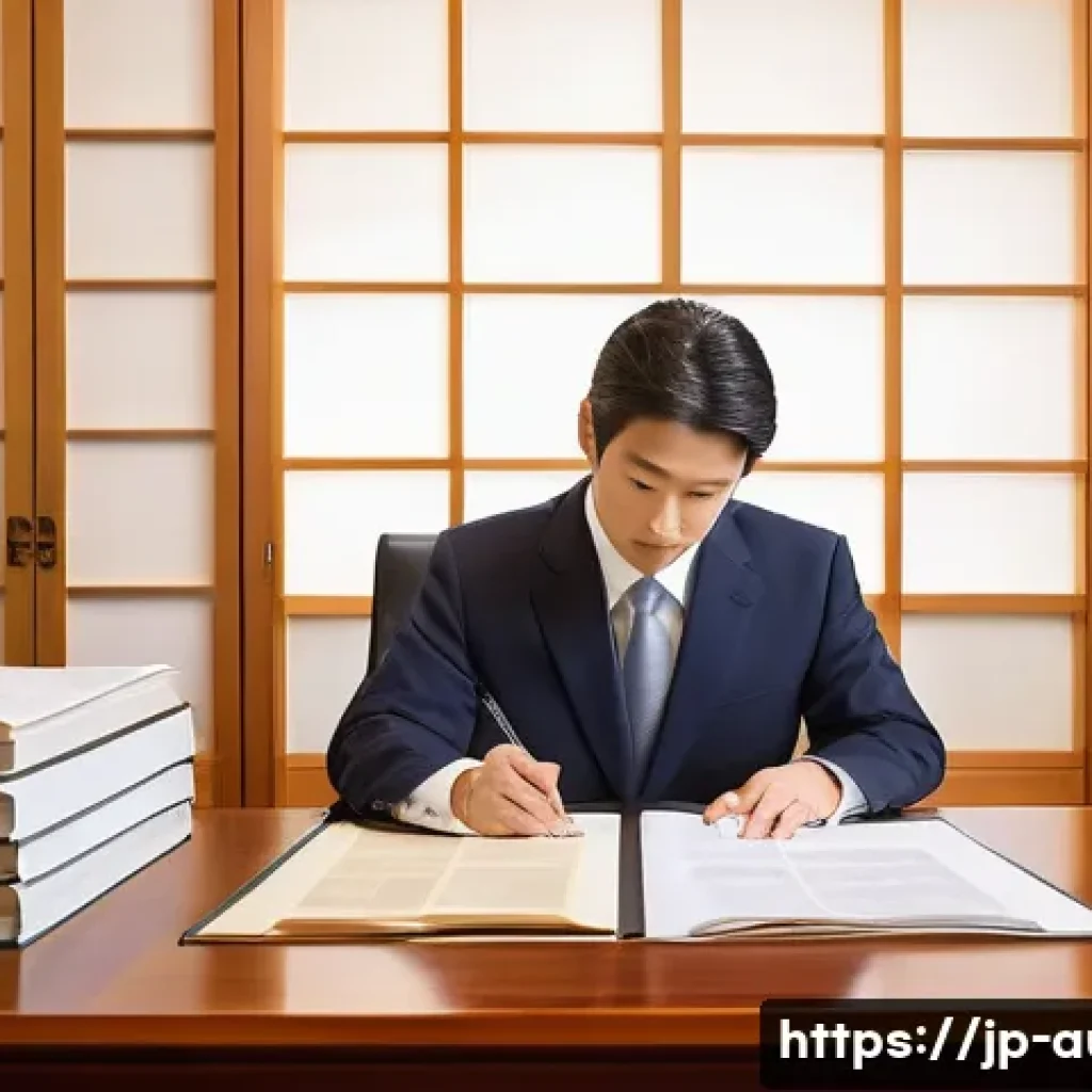 경매사 필기시험에서 중요한 법률 주제 - A professional Japanese legal office scene focused on real estate auction law, showing a modern work...