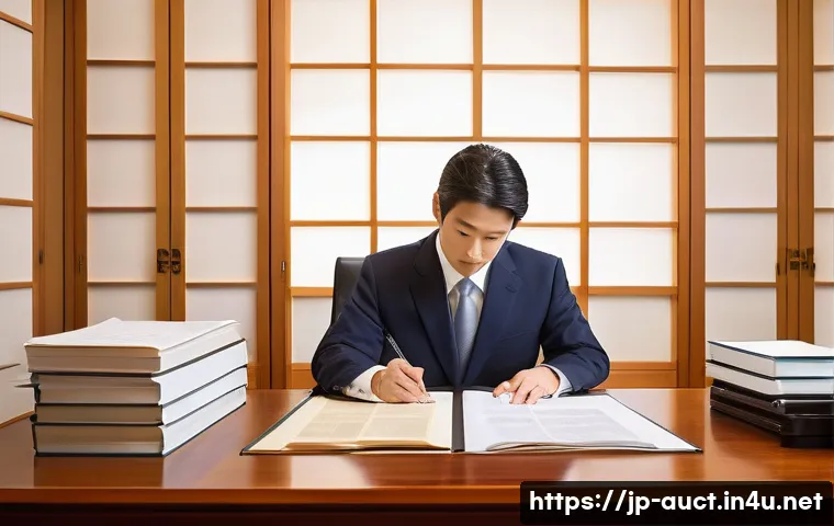 경매사 필기시험에서 중요한 법률 주제 - A professional Japanese legal office scene focused on real estate auction law, showing a modern work...