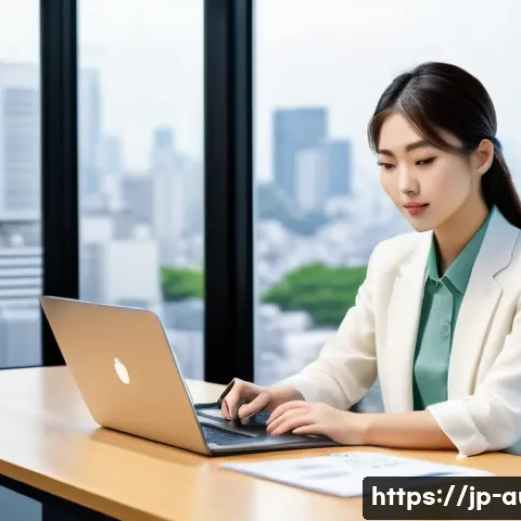경매사 업무 일지 작성 방법 - A modern Japanese office setting with a focused young professional woman wearing business casual att...