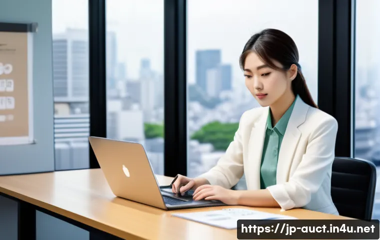 경매사 업무 일지 작성 방법 - A modern Japanese office setting with a focused young professional woman wearing business casual att...