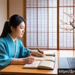 경매사 필기시험에서 가장 중요한 주제 - A modern Japanese study room with a young Japanese adult focusing intently on legal textbooks and no...
