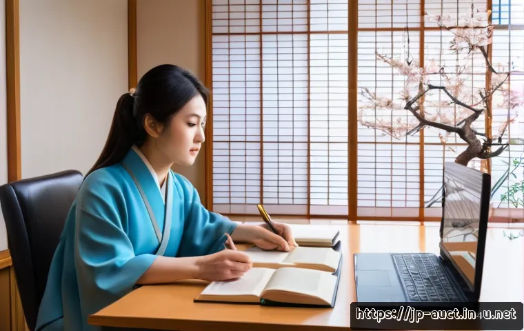 경매사 필기시험에서 가장 중요한 주제 - A modern Japanese study room with a young Japanese adult focusing intently on legal textbooks and no...