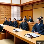 경매사 시험에서 꼭 알아야 할 법률 - A modern Japanese courtroom scene focused on an auction procedure, showing a judge in traditional ro...