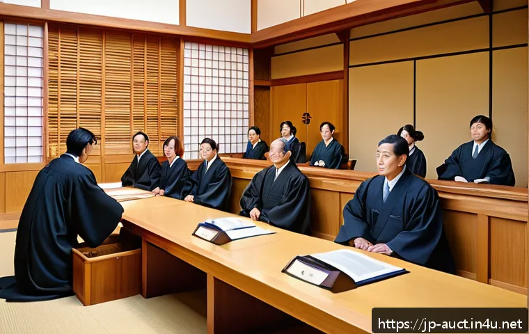 경매사 시험에서 꼭 알아야 할 법률 - A modern Japanese courtroom scene focused on an auction procedure, showing a judge in traditional ro...