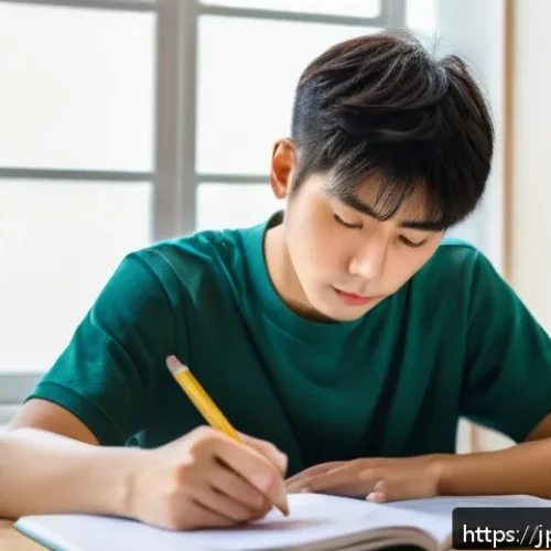 경매사 실기시험 준비비용 예산 관리 - A focused Japanese adult student sitting at a clean, modern study desk covered with neatly arranged ...
