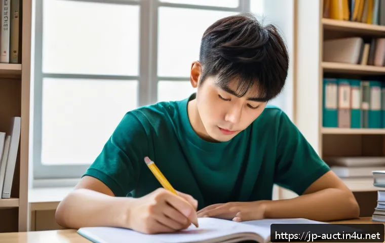 경매사 실기시험 준비비용 예산 관리 - A focused Japanese adult student sitting at a clean, modern study desk covered with neatly arranged ...
