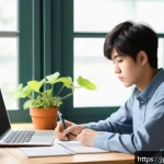 경매사 시험에서 성공하기 위한 실전 팁 - A modern Japanese study room featuring a focused young Japanese student in casual clothing, sitting ...