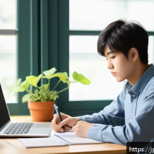 경매사 시험에서 성공하기 위한 실전 팁 - A modern Japanese study room featuring a focused young Japanese student in casual clothing, sitting ...