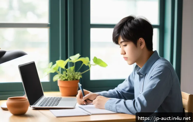 경매사 시험에서 성공하기 위한 실전 팁 - A modern Japanese study room featuring a focused young Japanese student in casual clothing, sitting ...