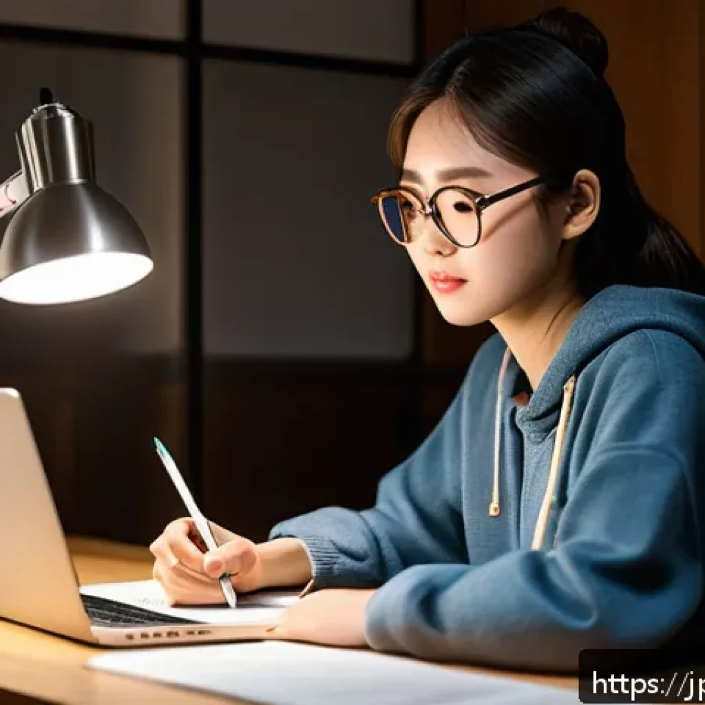경매사 시험 준비를 위한 온라인 강의 추천 - A modern online learning environment showing a young Japanese adult woman studying comfortably at ho...