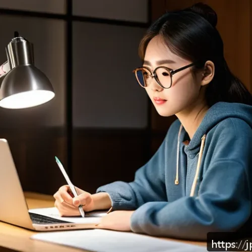 경매사 시험 준비를 위한 온라인 강의 추천 - A modern online learning environment showing a young Japanese adult woman studying comfortably at ho...