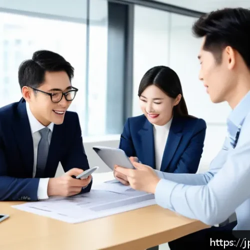 경매사 실무에서의 협업 기술 - A modern Japanese real estate auction team in a bright office setting, engaged in a dynamic group ch...