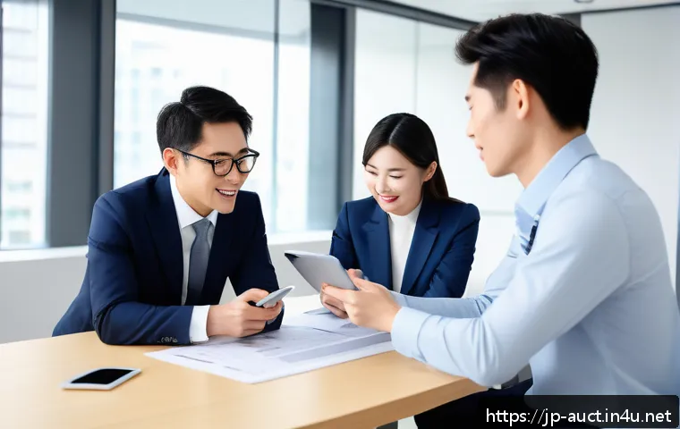 경매사 실무에서의 협업 기술 - A modern Japanese real estate auction team in a bright office setting, engaged in a dynamic group ch...