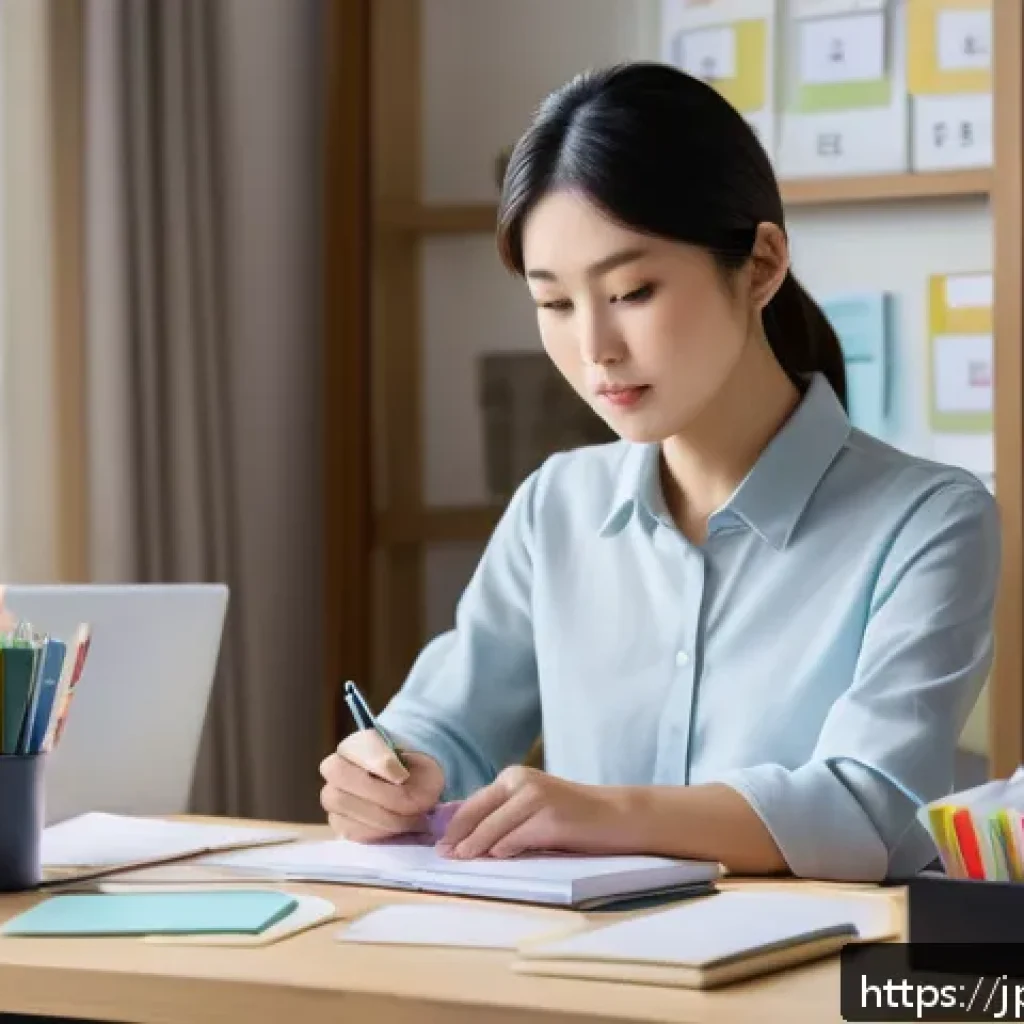 경매사 시험에서 자주 나오는 키워드 - A focused Japanese adult professional sitting at a tidy desk in a modern home office, surrounded by ...