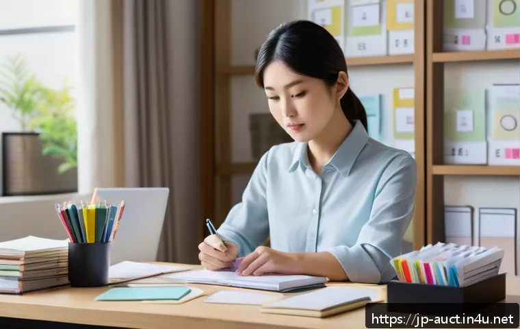 경매사 시험에서 자주 나오는 키워드 - A focused Japanese adult professional sitting at a tidy desk in a modern home office, surrounded by ...