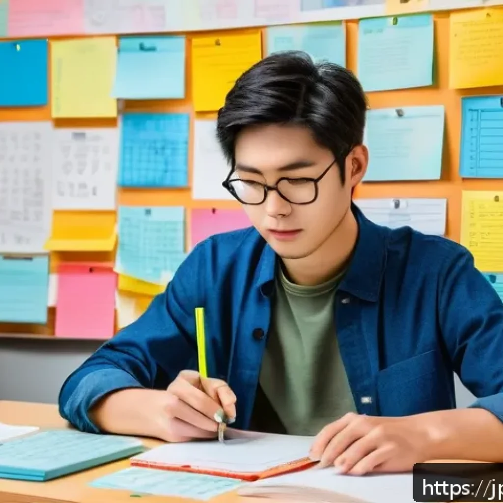 경매사 실기시험 대비 노트 작성법 - A modern Japanese study room scene featuring a young adult sitting at a desk with a digital tablet a...