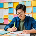 경매사 실기시험 대비 노트 작성법 - A modern Japanese study room scene featuring a young adult sitting at a desk with a digital tablet a...