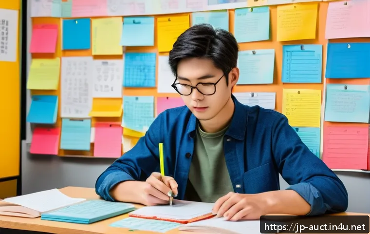 경매사 실기시험 대비 노트 작성법 - A modern Japanese study room scene featuring a young adult sitting at a desk with a digital tablet a...