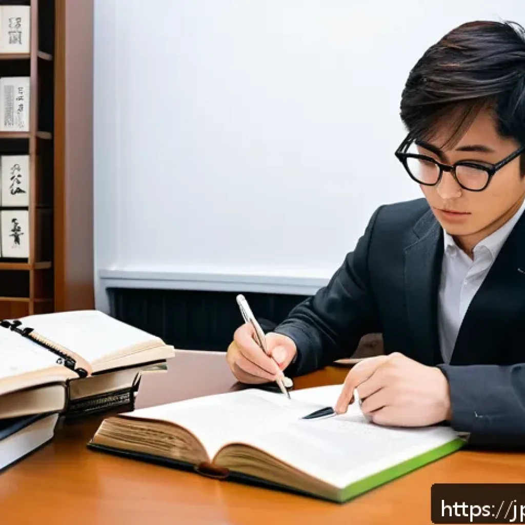 경매사 관련 대학교 학과 및 과정 - A focused Japanese university student studying auctioneer certification at a desk filled with law te...
