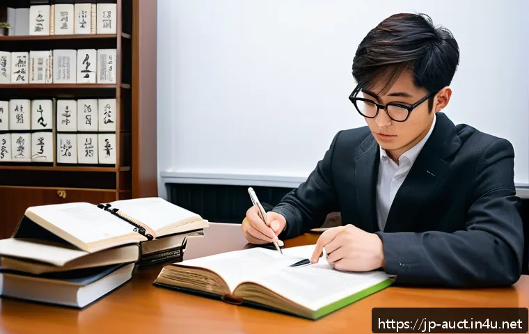 경매사 관련 대학교 학과 및 과정 - A focused Japanese university student studying auctioneer certification at a desk filled with law te...