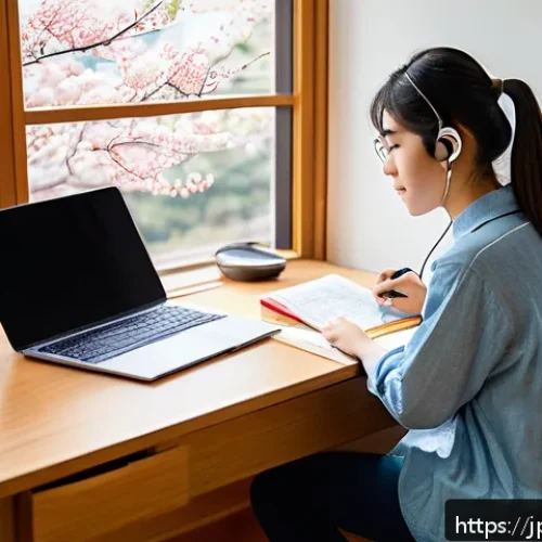 경매사 시험 자료 찾는 방법 - A modern Japanese study room scene featuring a young adult studying efficiently for the Kyobaishi ex...
