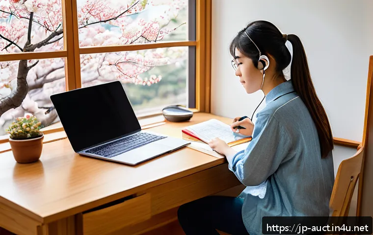경매사 시험 자료 찾는 방법 - A modern Japanese study room scene featuring a young adult studying efficiently for the Kyobaishi ex...