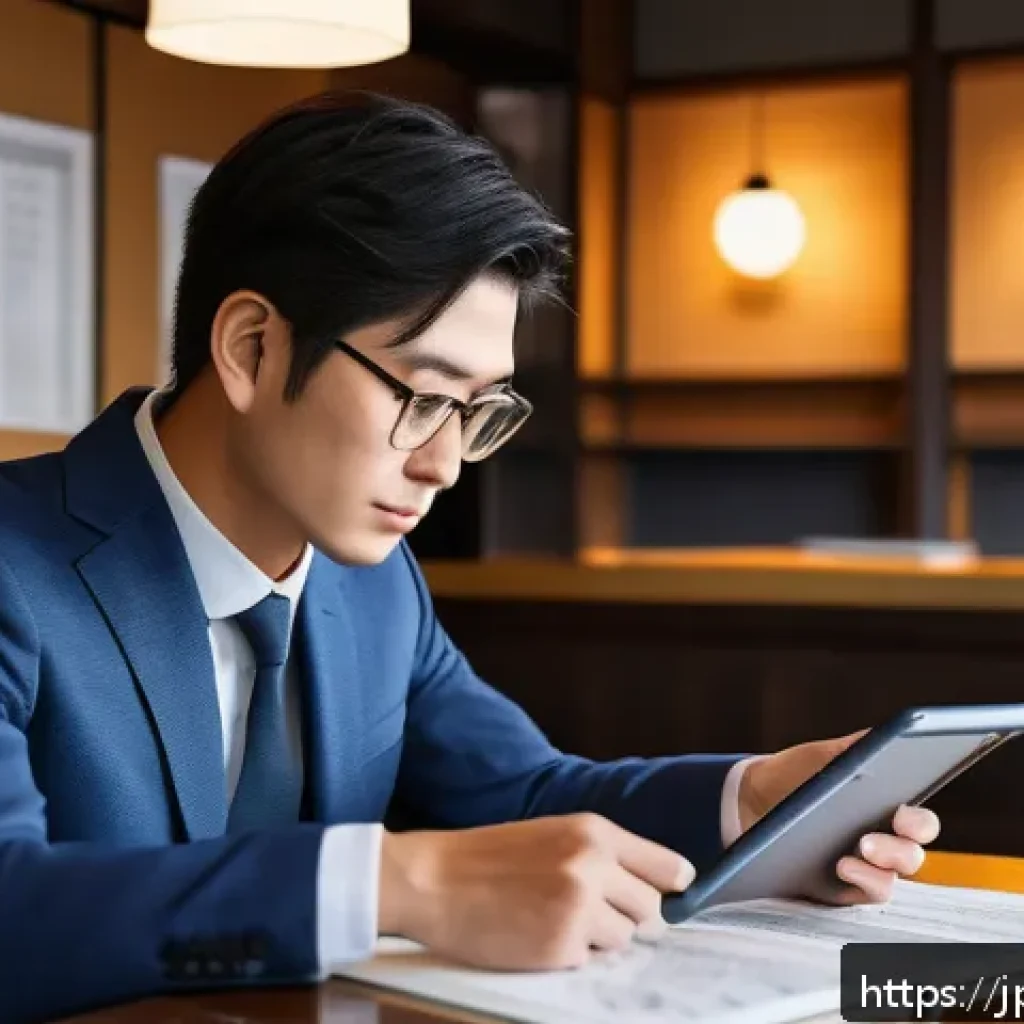 경매사 자격증 시험 준비 중의 유용한 자료 추천 - A modern Japanese professional studying for the auctioneer certification exam using a sleek tablet a...