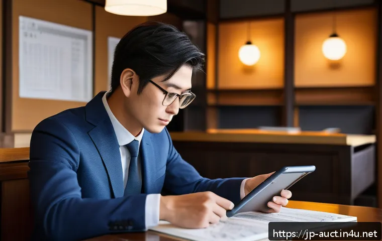 경매사 자격증 시험 준비 중의 유용한 자료 추천 - A modern Japanese professional studying for the auctioneer certification exam using a sleek tablet a...
