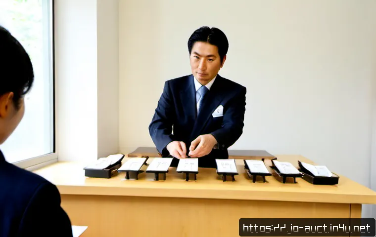 경매사 실기시험 준비 과정 중 자주 발생하는 실수 - Photorealistic Japanese auctioneer practical exam preparation scene, a focused adult trainee standin...